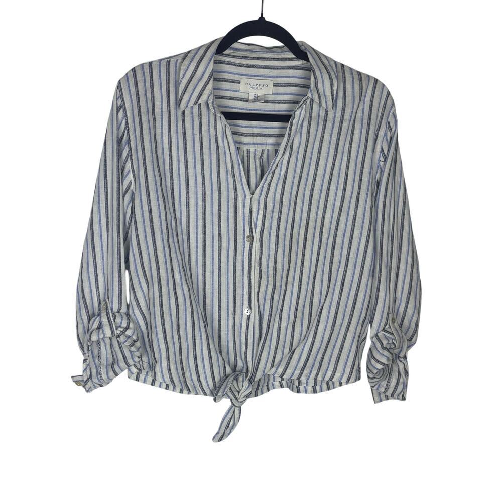 Calypso St Barth Striped Linen Blend Button Front Tie Hem Top Blouse Small